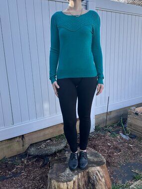 Review Teal Pointelle Detail Long Sleeve Knit Top
